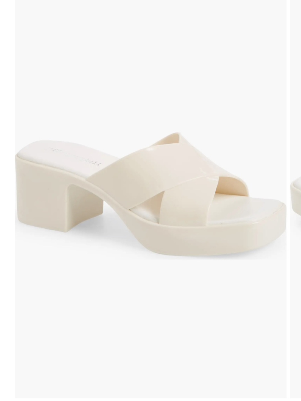 Jeffrey Campbell White Patent Cross-Band Mule Heels Bubblegum Platform Sandal
9